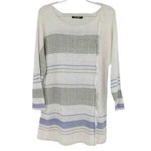 Nic+Zoe Juniper Fringe Stripe Linen Blend Jumper Sweater In Multi Women's M